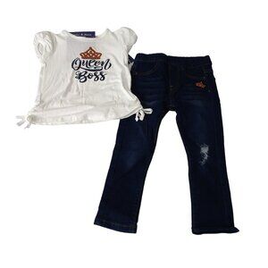 Emma and Elsa Queen Boss 2 pc Outfit TShirt and Denim Jeans Set Girls Size 4 NEW